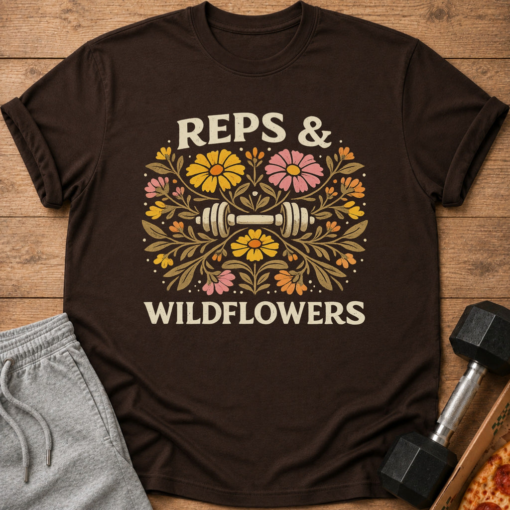 Brown t-shirt with "Reps & Wildflowers" text and floral dumbbell graphic.