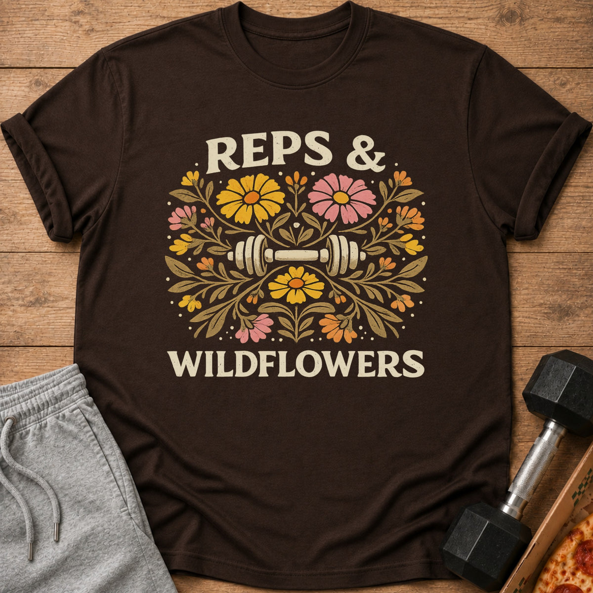 Brown t-shirt with "Reps & Wildflowers" text and floral dumbbell graphic.