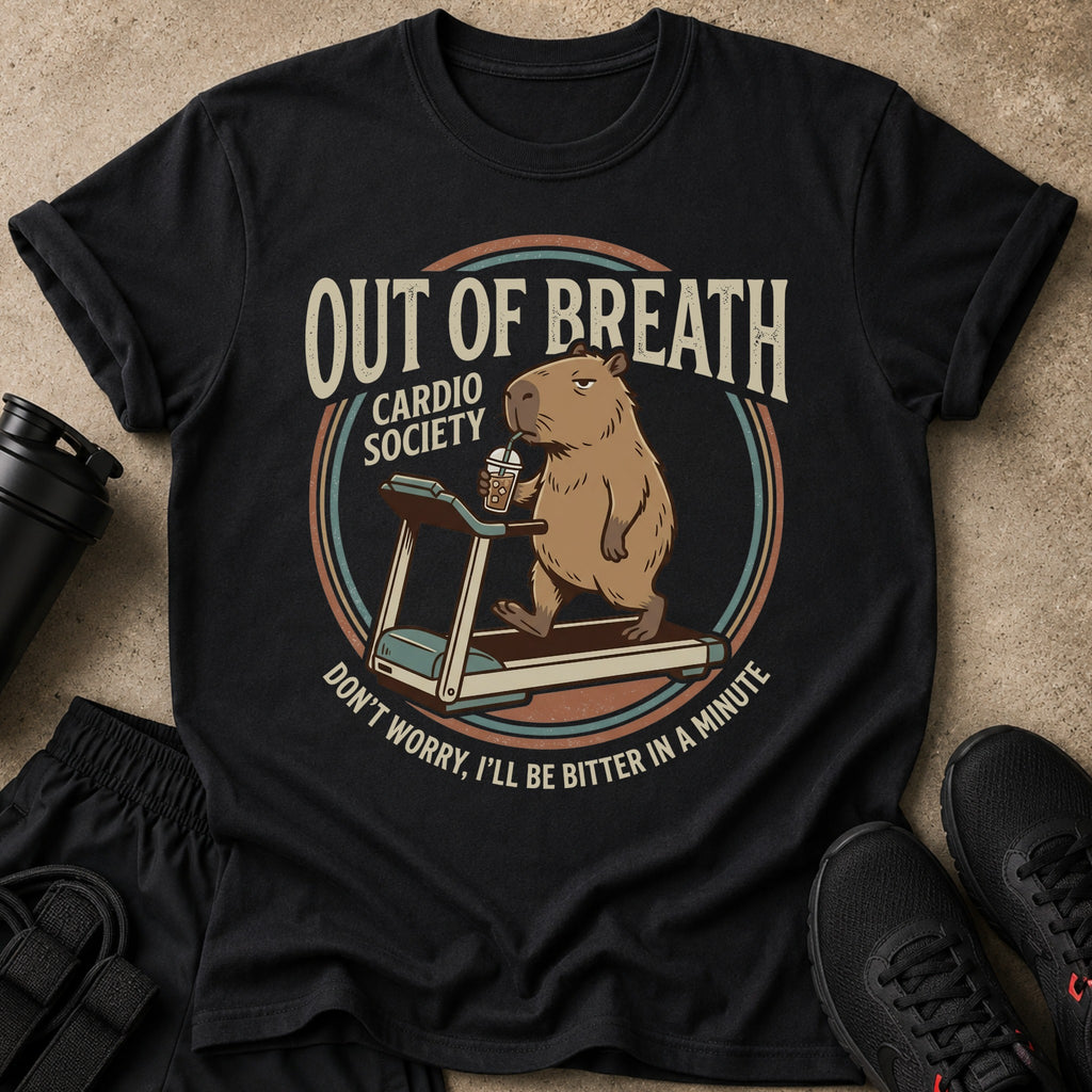 Capybara on treadmill with coffee. "Out of Breath Cardio Society."