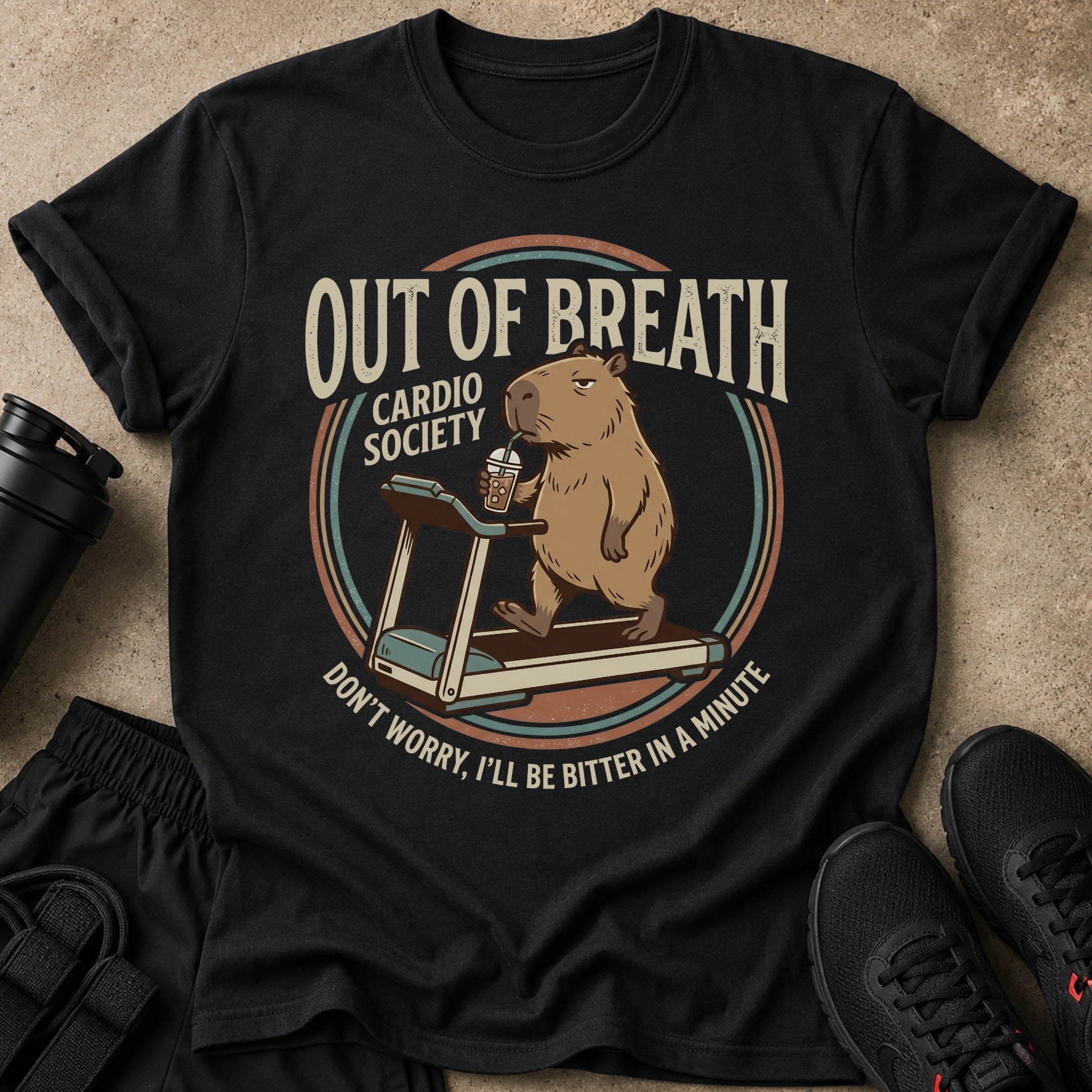 Capybara on treadmill with coffee. "Out of Breath Cardio Society."