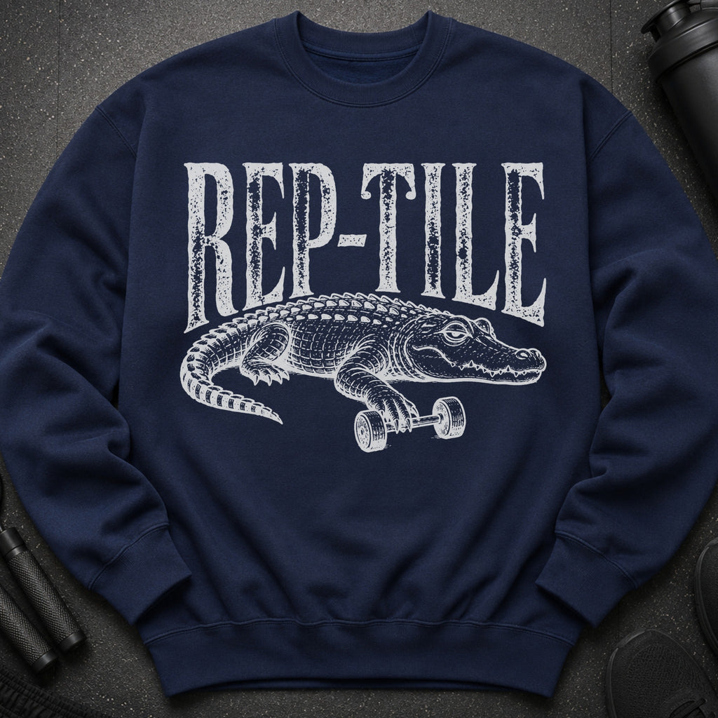 Navy sweatshirt with white graphic of alligator holding dumbbell and text "REP-TILE".