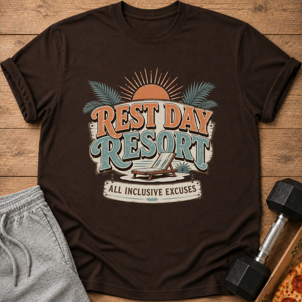 Brown t-shirt with "REST DAY RESORT ALL INCLUSIVE EXCUSES" graphic.