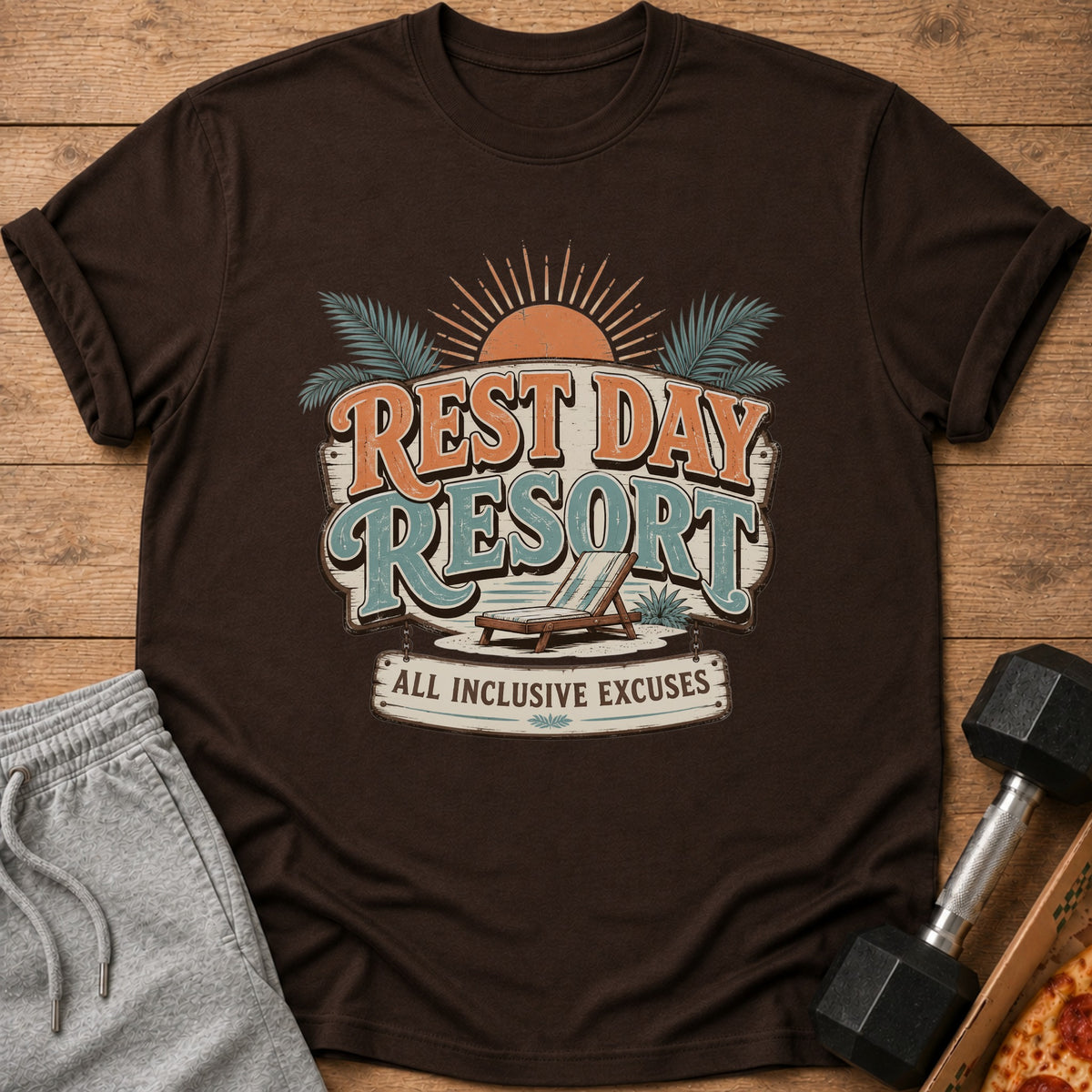 Brown t-shirt with "REST DAY RESORT ALL INCLUSIVE EXCUSES" graphic.