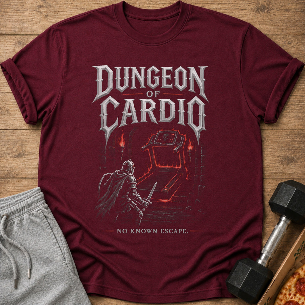 Maroon t-shirt graphic with "Dungeon of Cardio" text and knight facing a treadmill.