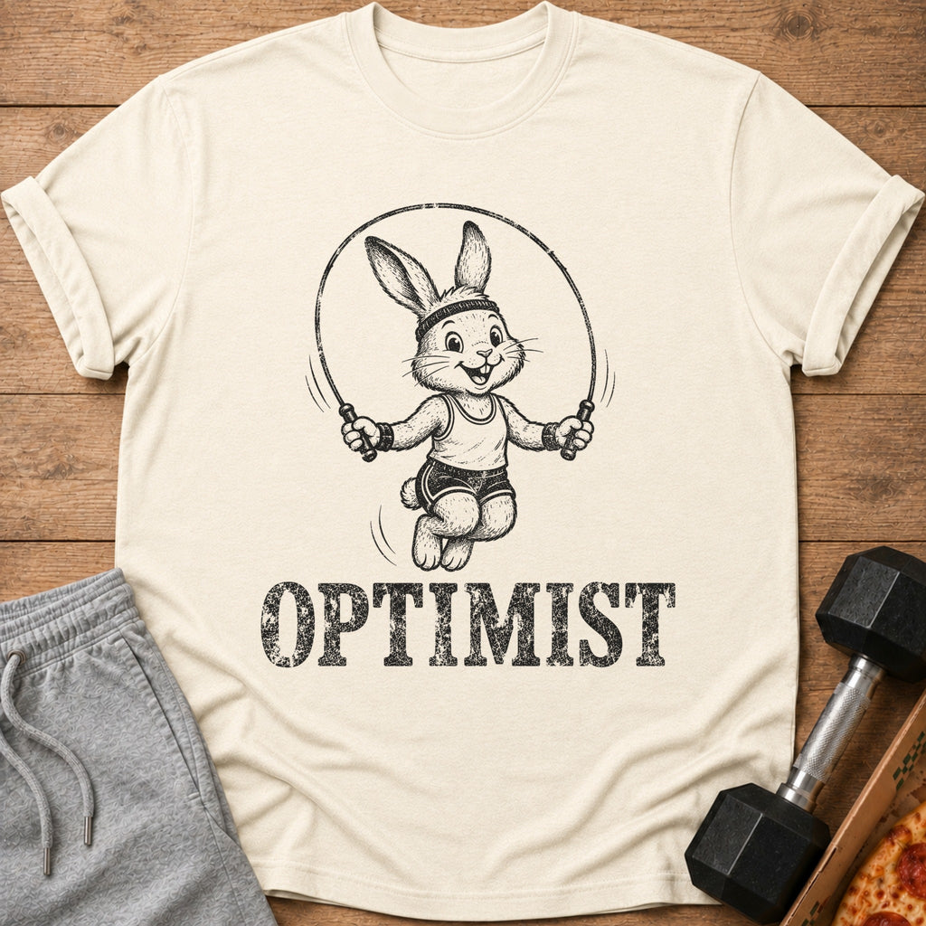 T-shirt with rabbit jumping rope and the word OPTIMIST.