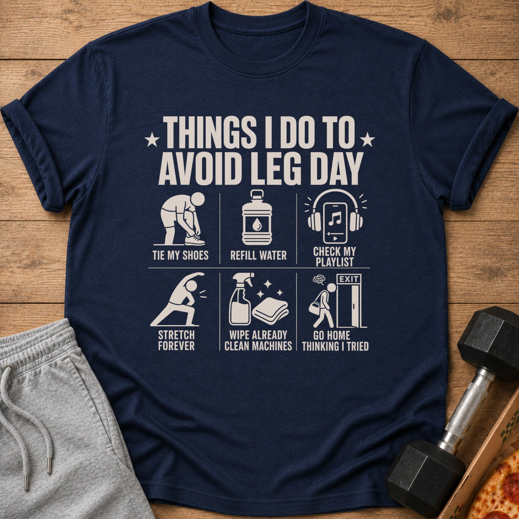 Navy t-shirt with "Things I Do to Avoid Leg Day" graphic and icons.