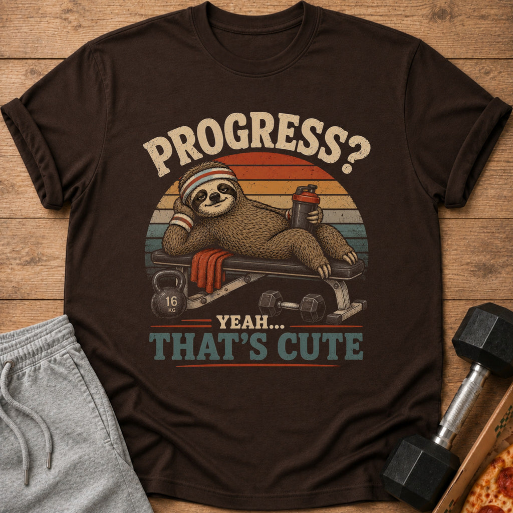Brown t-shirt graphic of a sloth relaxing on a bench with weights and the text "PROGRESS? YEAH... THAT'S CUTE".