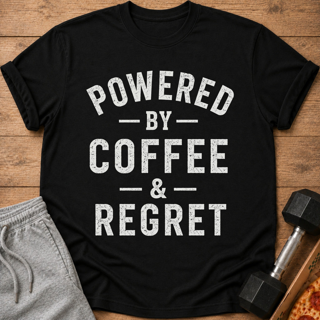 Black t-shirt with "Powered by Coffee & Regret" text and gym attire.