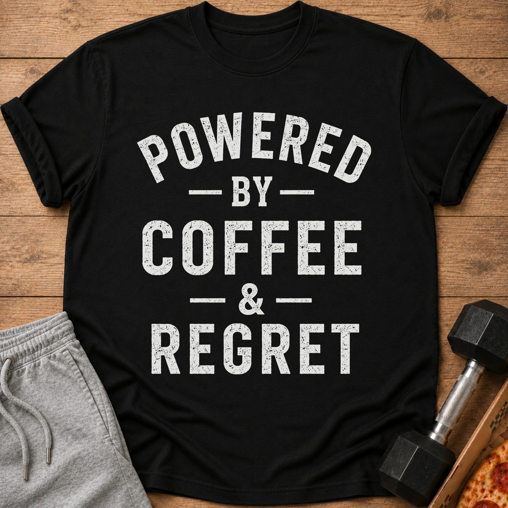 Black t-shirt with "Powered by Coffee & Regret" text and gym attire.