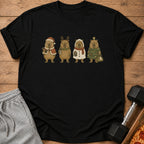 Black t-shirt with four capybaras in festive holiday outfits.
