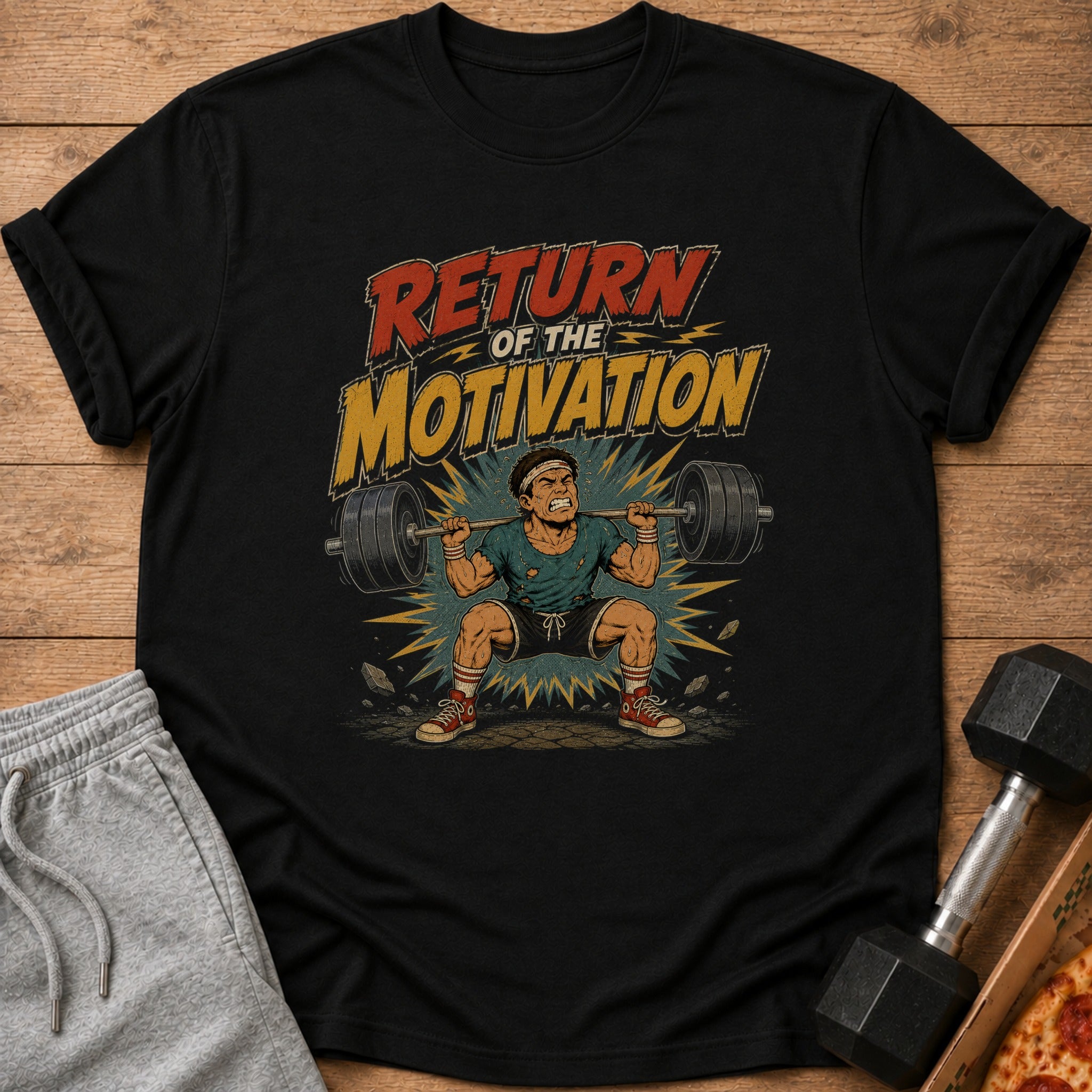 Black t-shirt with "Return of the Motivation" text and weightlifter graphic.