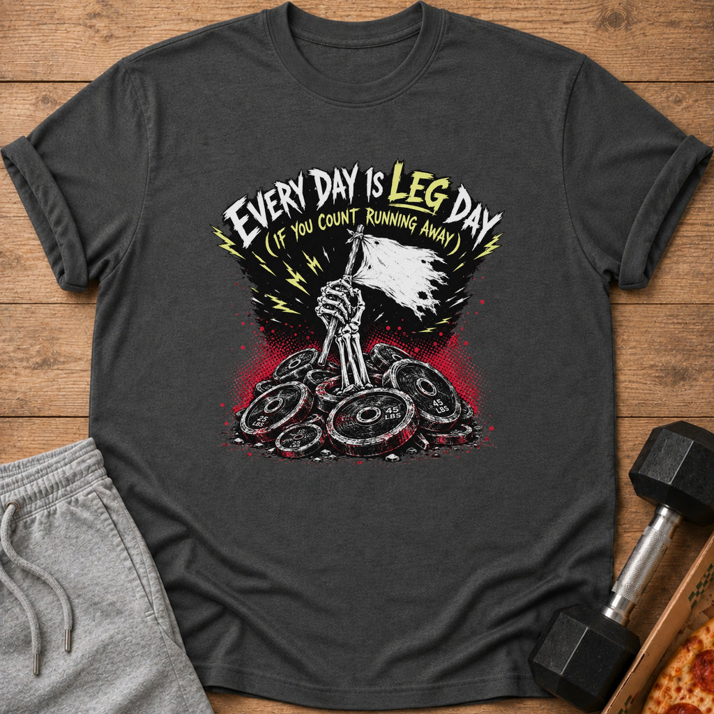 Dark grey t-shirt with skeleton hand holding tattered flag over weight plates. Text: "EVERY DAY IS LEG DAY (IF YOU COUNT RUNNING AWAY)".