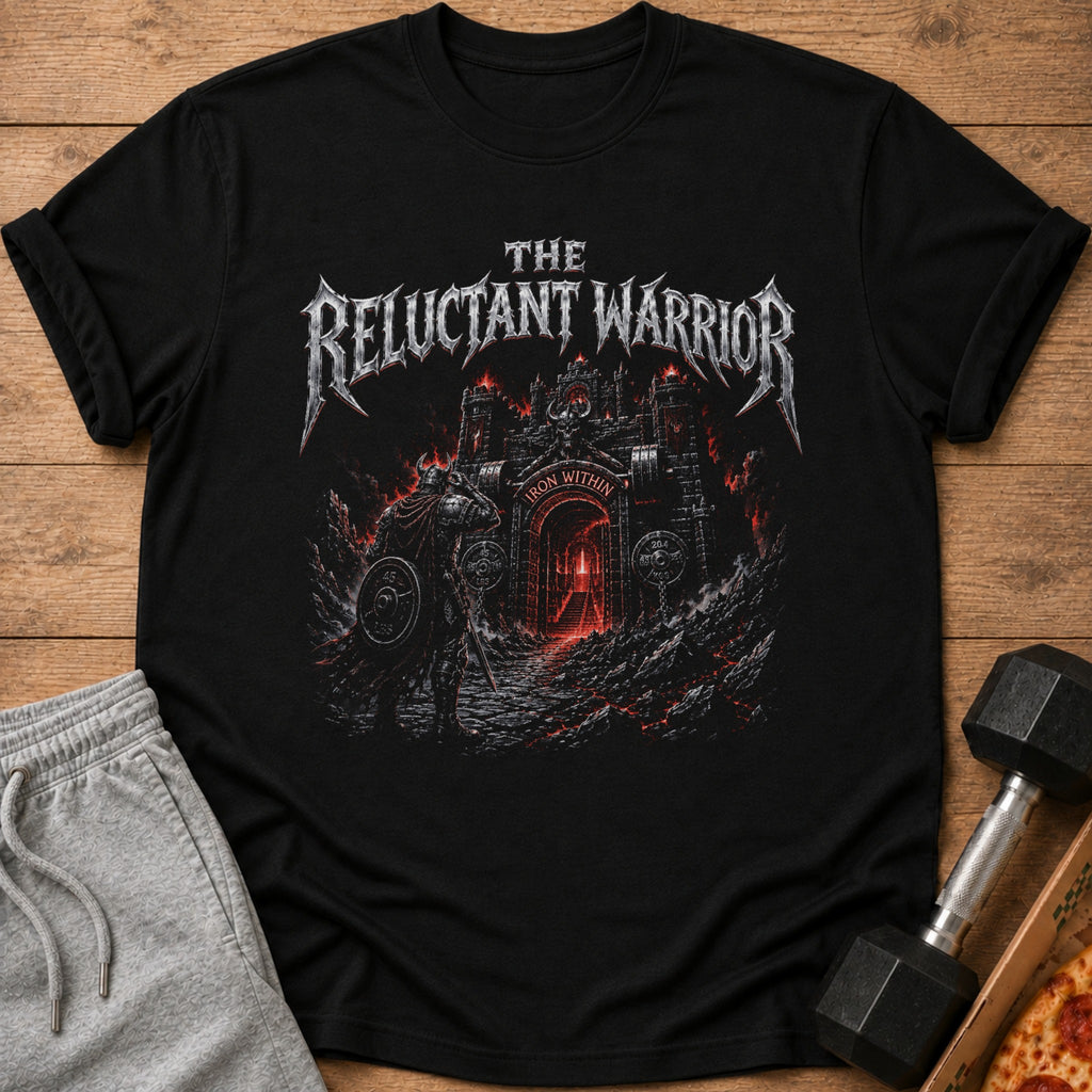 Black t-shirt with "The Reluctant Warrior Iron Within" text and medieval warrior art.
