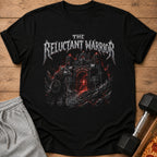 Black t-shirt with "The Reluctant Warrior Iron Within" text and medieval warrior art.