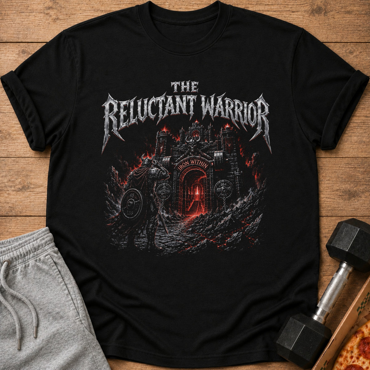 Black t-shirt with "The Reluctant Warrior Iron Within" text and medieval warrior art.