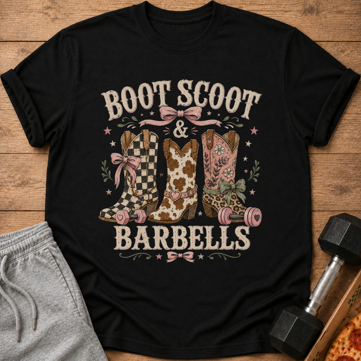 Black t-shirt with "Boot Scoot & Barbell" graphic featuring three decorated cowboy boots.