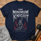"The Minimum Knight" text with knight lifting dumbbell on rock, under a crescent moon.