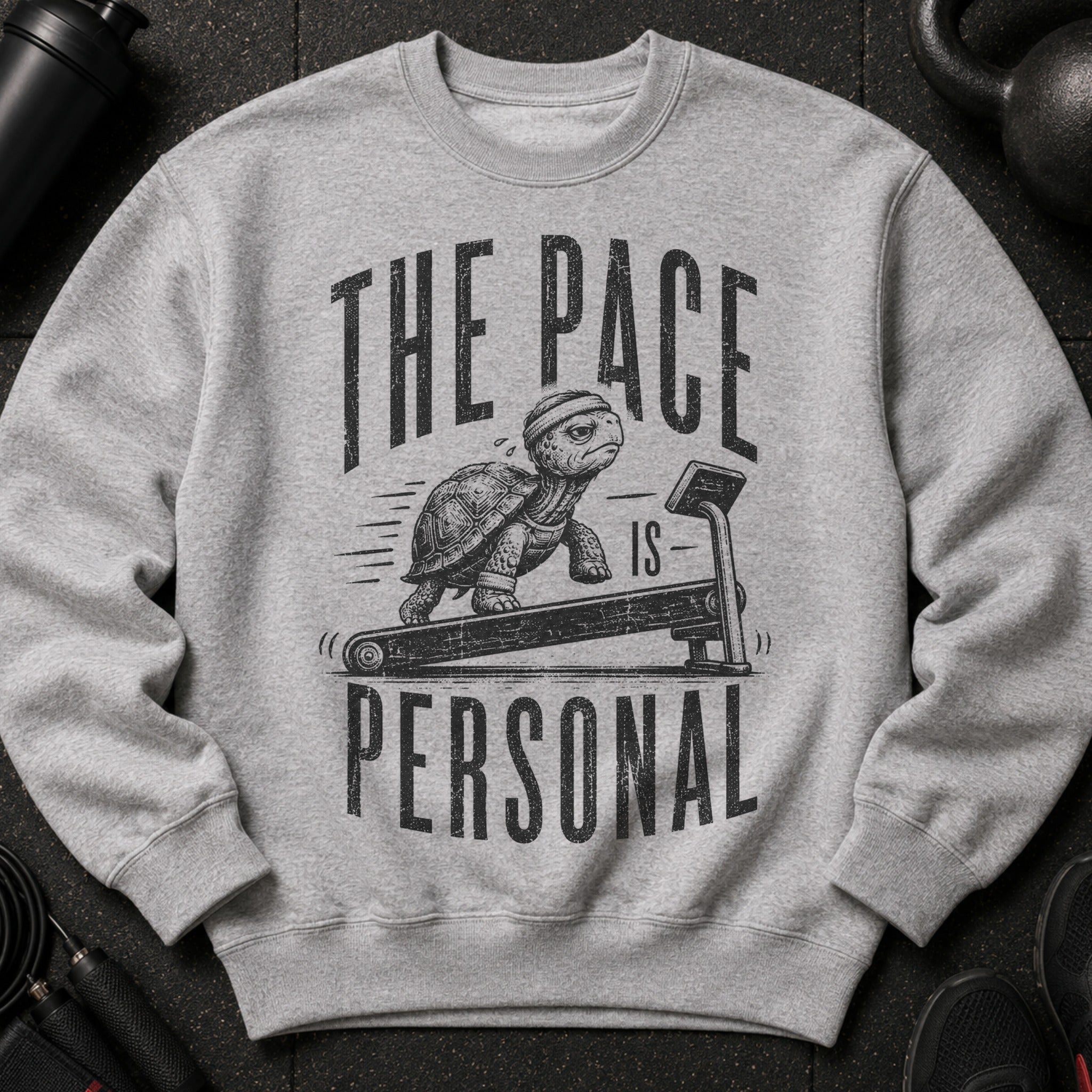 Grey sweatshirt with distressed graphic of a turtle on a treadmill, text reads "THE PACE IS PERSONAL".