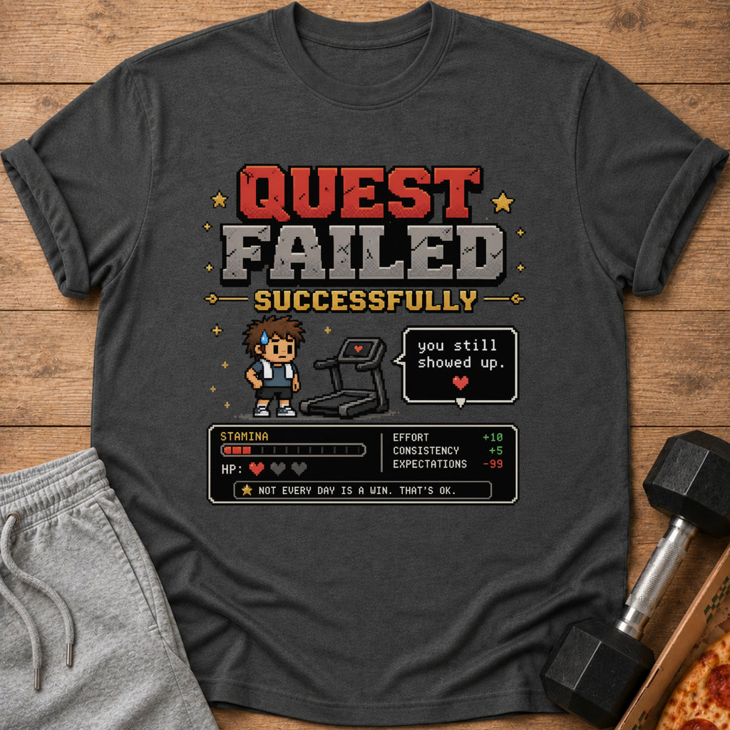 Dark gray t-shirt with "Quest Failed Successfully" pixel art graphic.