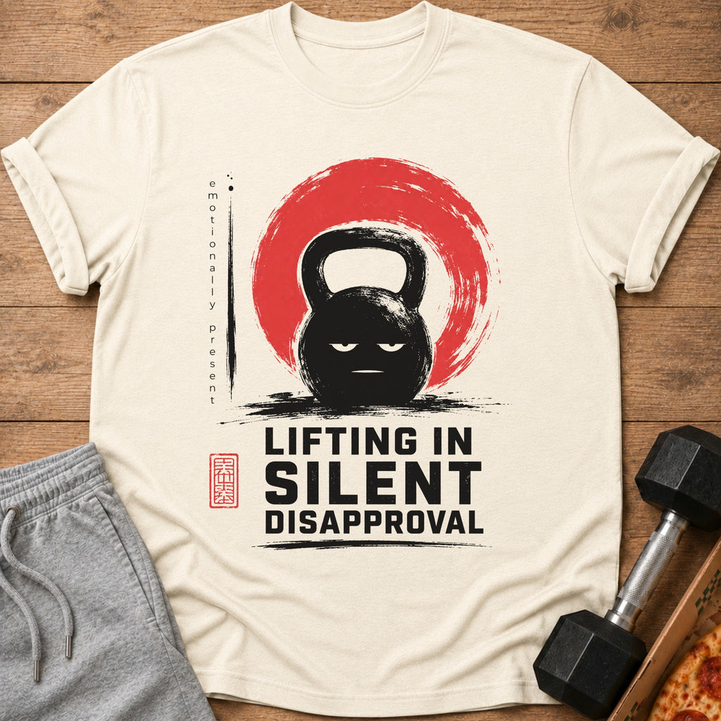 Cream t-shirt with black kettlebell graphic and "LIFTING IN SILENT DISAPPROVAL" text.