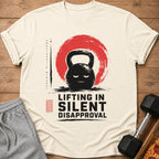 Cream t-shirt with black kettlebell graphic and "LIFTING IN SILENT DISAPPROVAL" text.