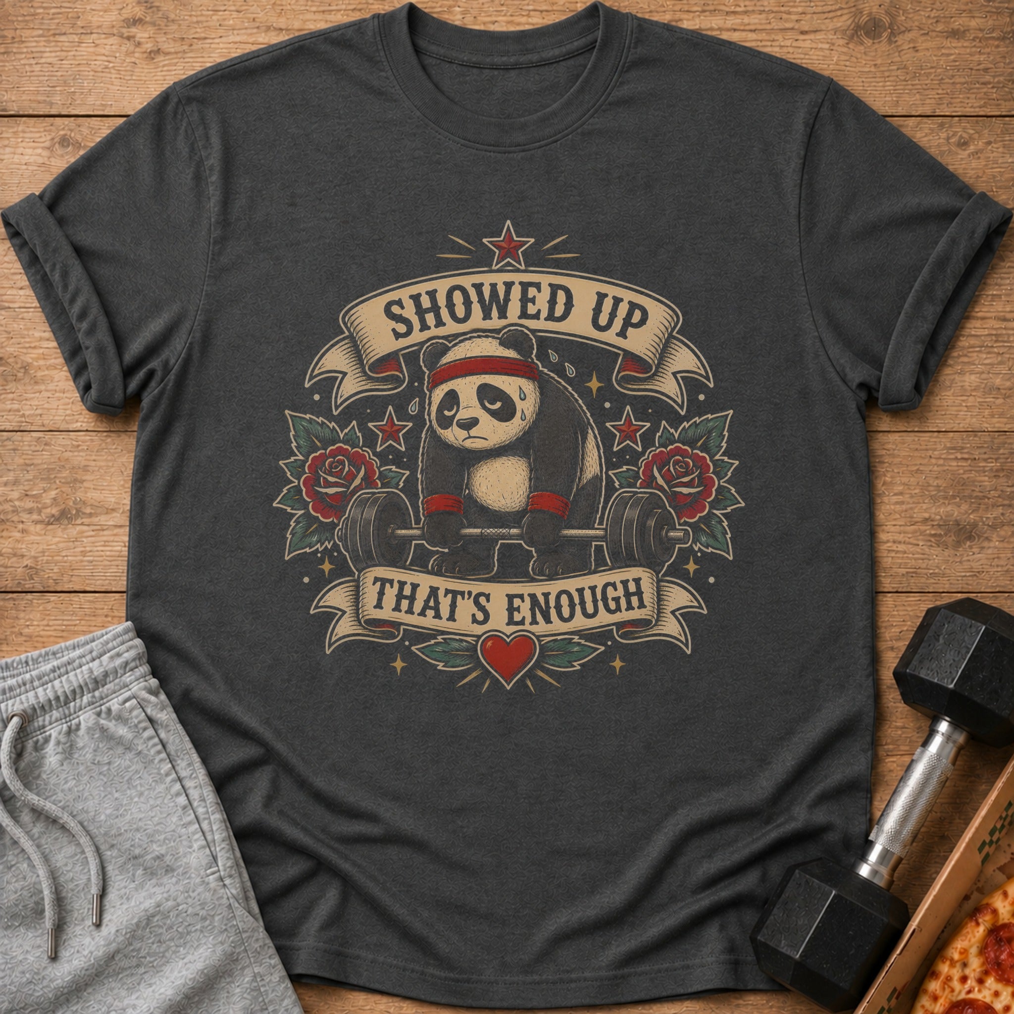 T-shirt with distressed panda lifting weights, says "Showed Up That's Enough".