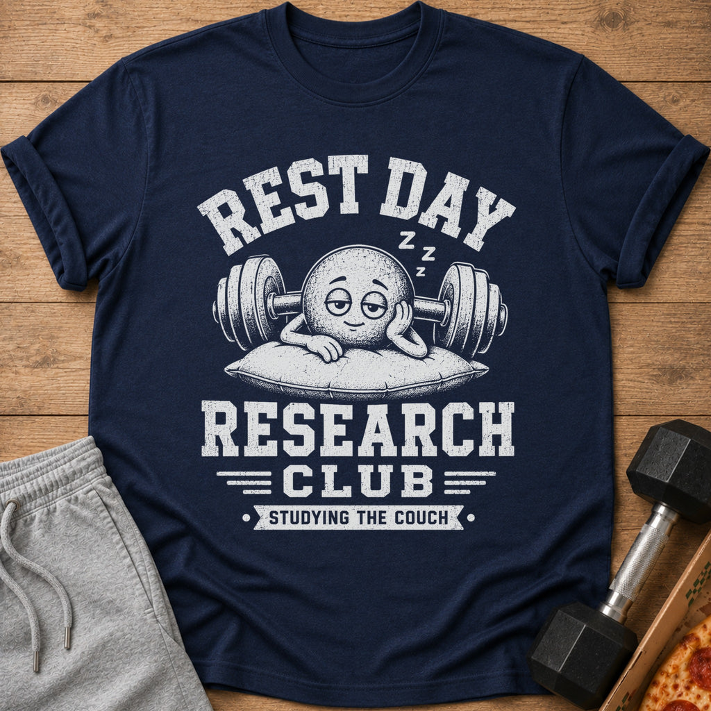 Navy t-shirt with "Rest Day Research Club" graphic and sleepy barbell character.
