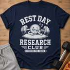 Navy t-shirt with "Rest Day Research Club" graphic and sleepy barbell character.