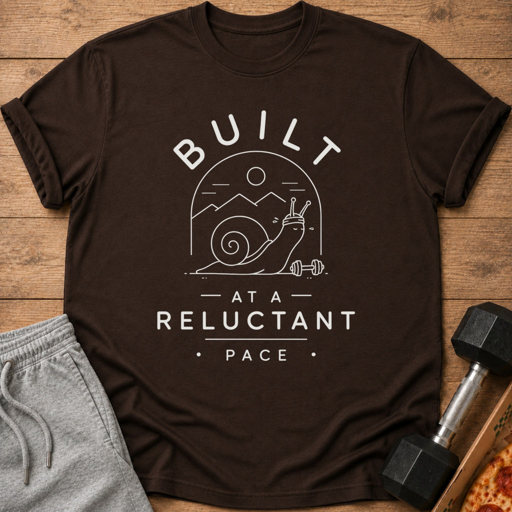 Brown t-shirt with white text and graphic of a snail lifting weights.