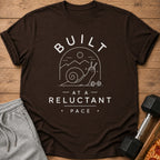Brown t-shirt with white text and graphic of a snail lifting weights.