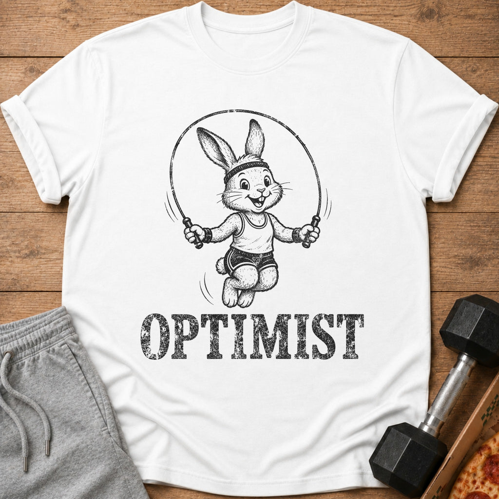 T-shirt with black and white drawing of a rabbit jumping rope with "OPTIMIST" text.
