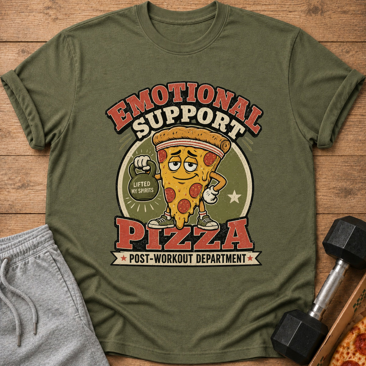 T-shirt with cartoon pizza lifting a kettlebell and text "Emotional Support Pizza".