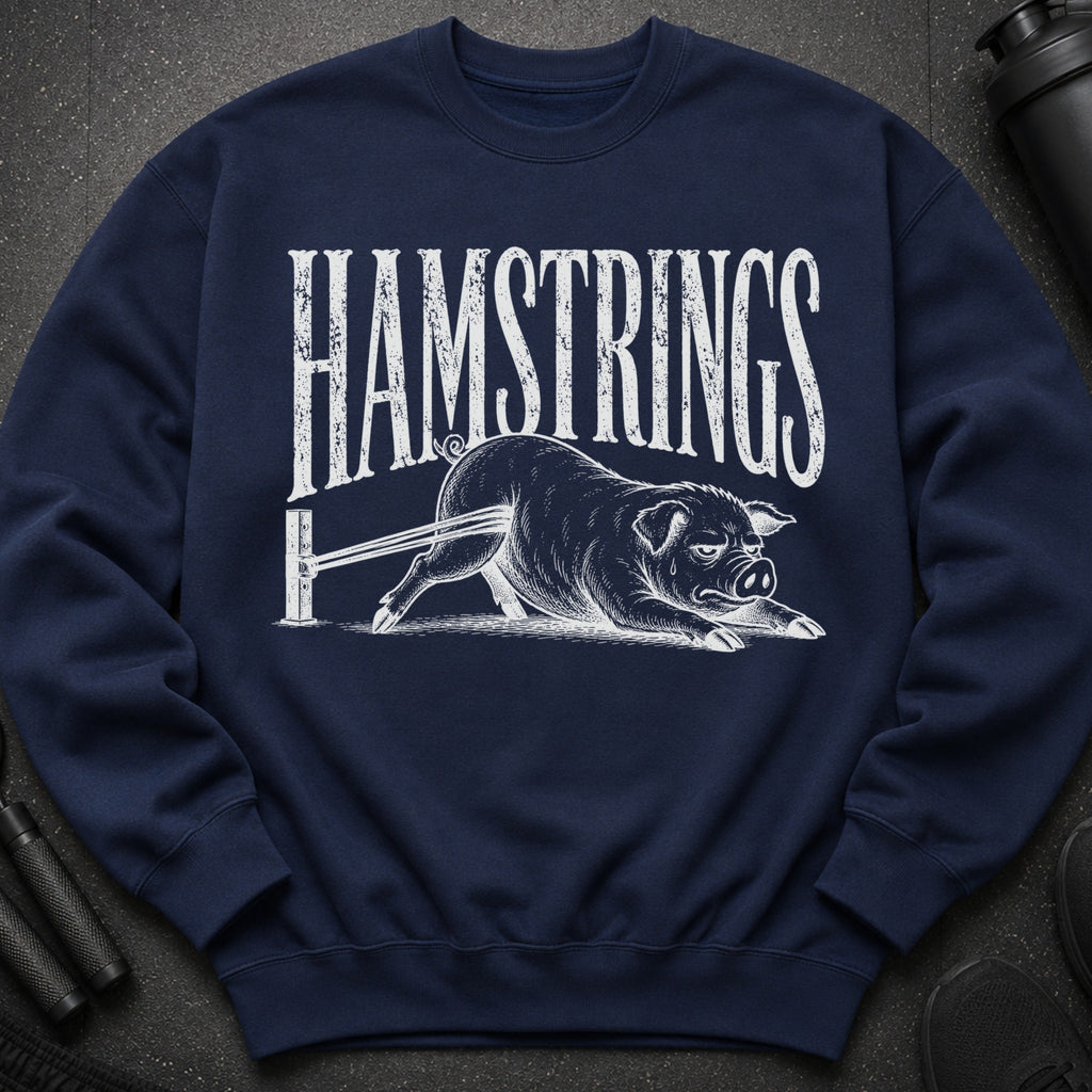 Navy sweatshirt with "HAMSTRINGS" text and a pig being stretched by resistance bands.