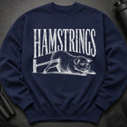 Navy sweatshirt with "HAMSTRINGS" text and a pig being stretched by resistance bands.
