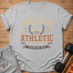 Grey t-shirt with "MILDLY ATHLETIC DEPARTMENT TRYING MY BEST" text and sloth graphic.