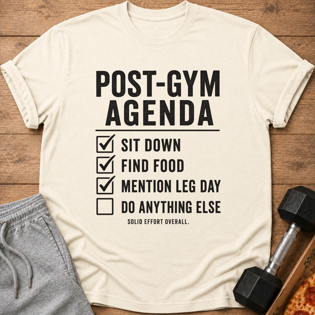 Cream t-shirt with "Post-Gym Agenda" and checklist items.