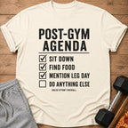 Cream t-shirt with "Post-Gym Agenda" and checklist items.