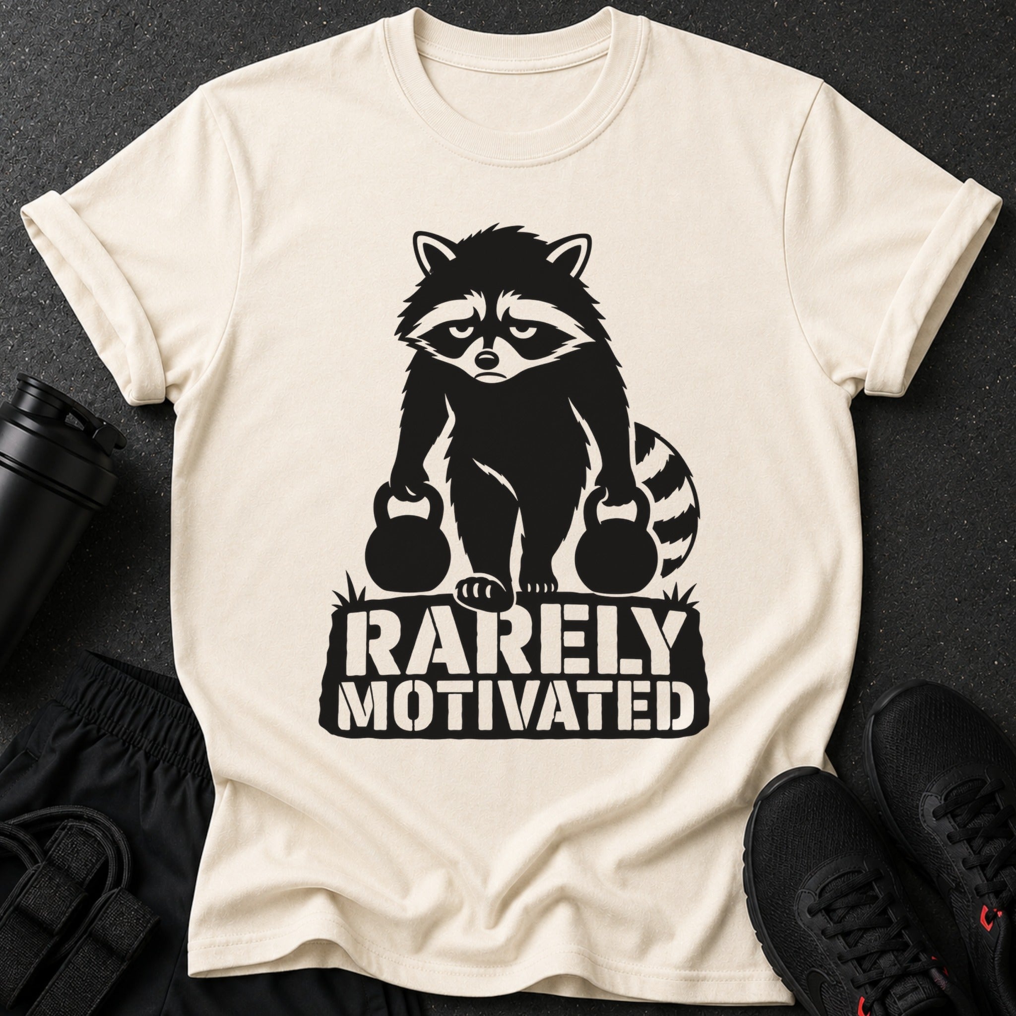 Cream t-shirt with a black graphic of a raccoon lifting two kettlebells, text reads "RARELY MOTIVATED."