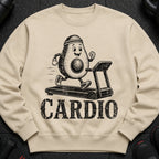 Cream sweatshirt with a cartoon avocado running on a treadmill, text "CARDIO".