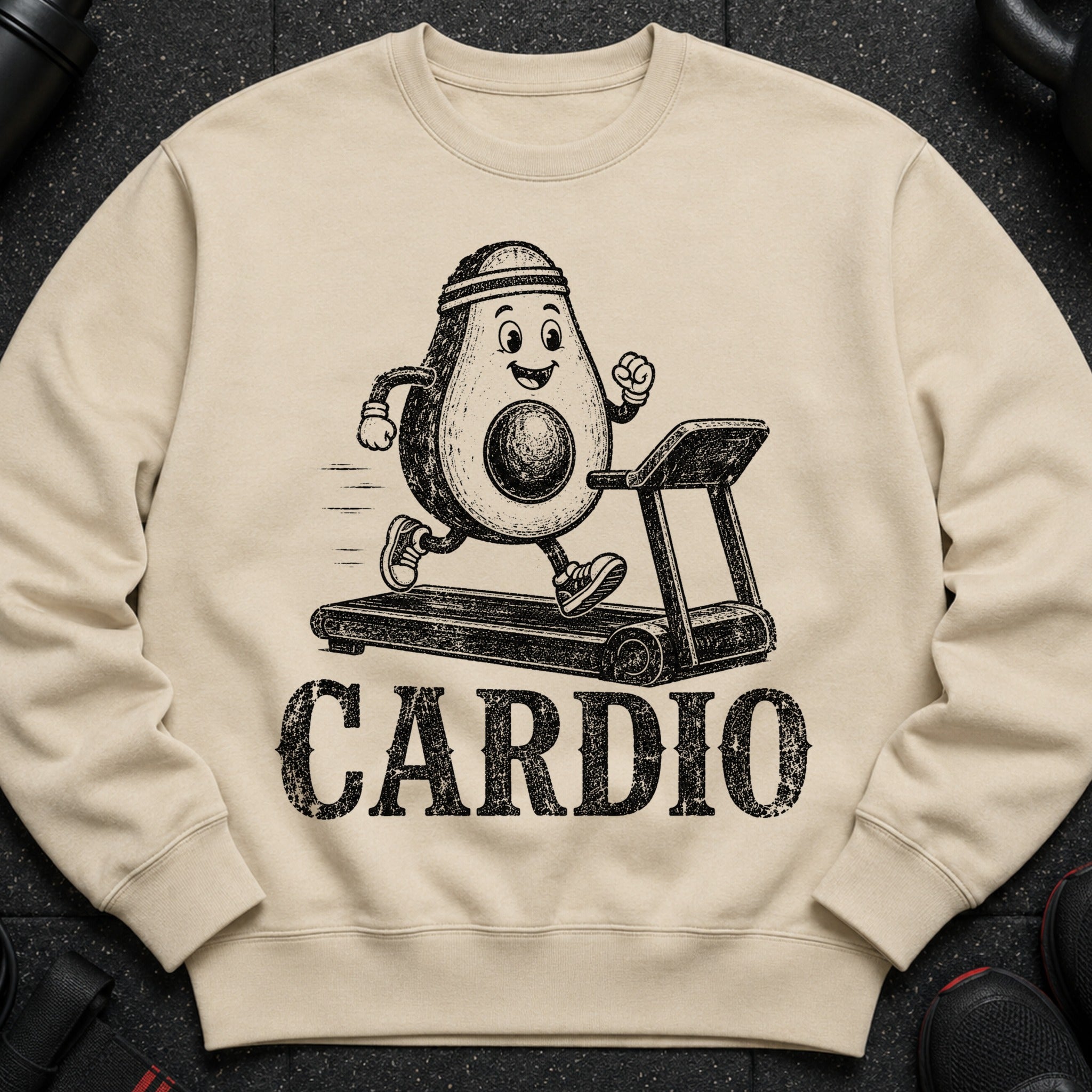 Cream sweatshirt with a cartoon avocado running on a treadmill, text "CARDIO".
