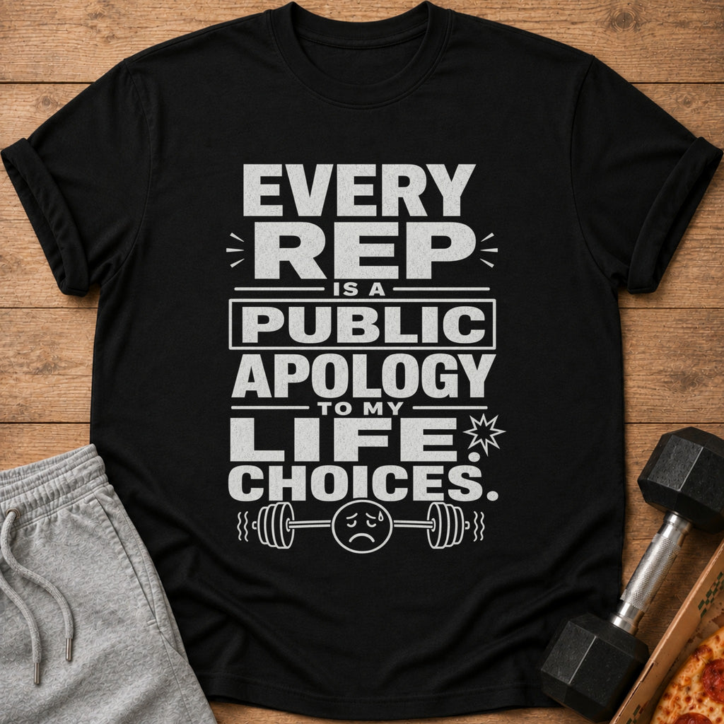 Black t-shirt with white text reading "EVERY REP IS A PUBLIC APOLOGY TO MY LIFE CHOICES."