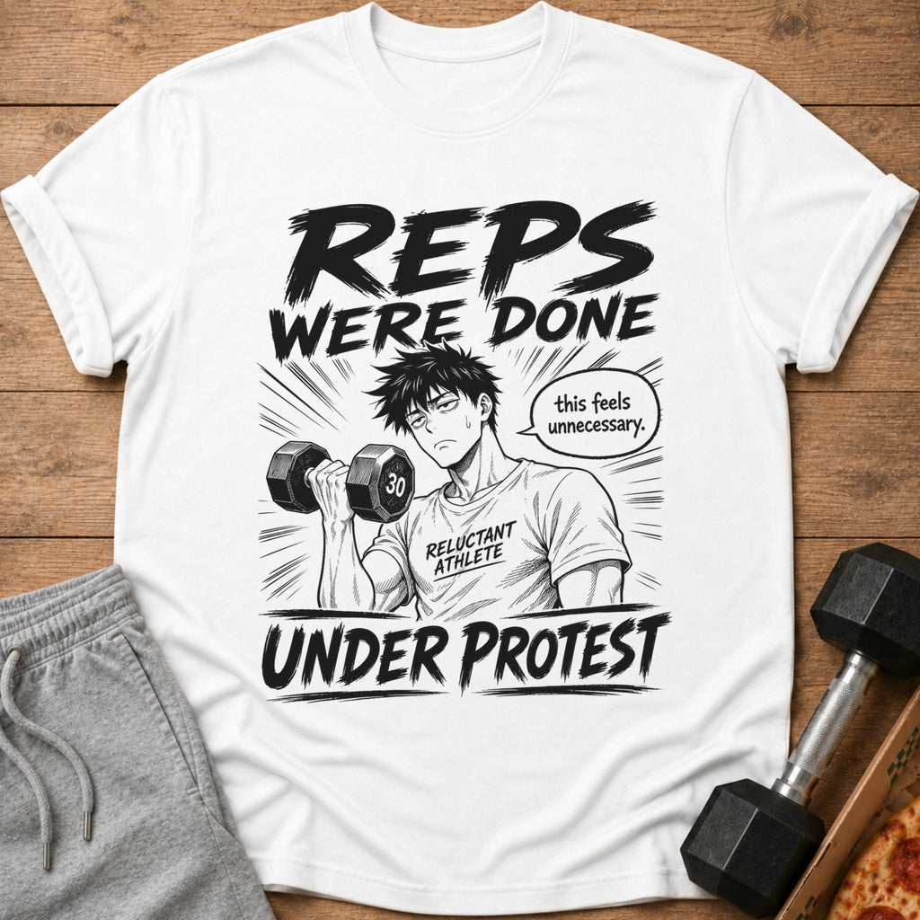 White t-shirt with anime-style graphic "Reps Were Done Under Protest".