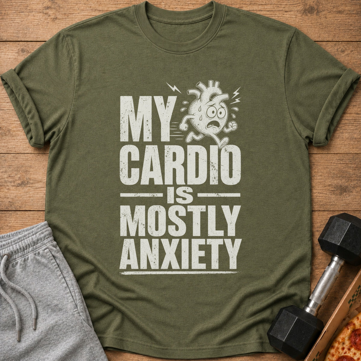Green t-shirt with distressed white text: MY CARDIO IS MOSTLY ANXIETY and a running heart graphic.