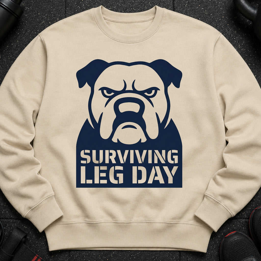 Tan sweatshirt with a navy blue bulldog graphic and "SURVIVING LEG DAY" text.