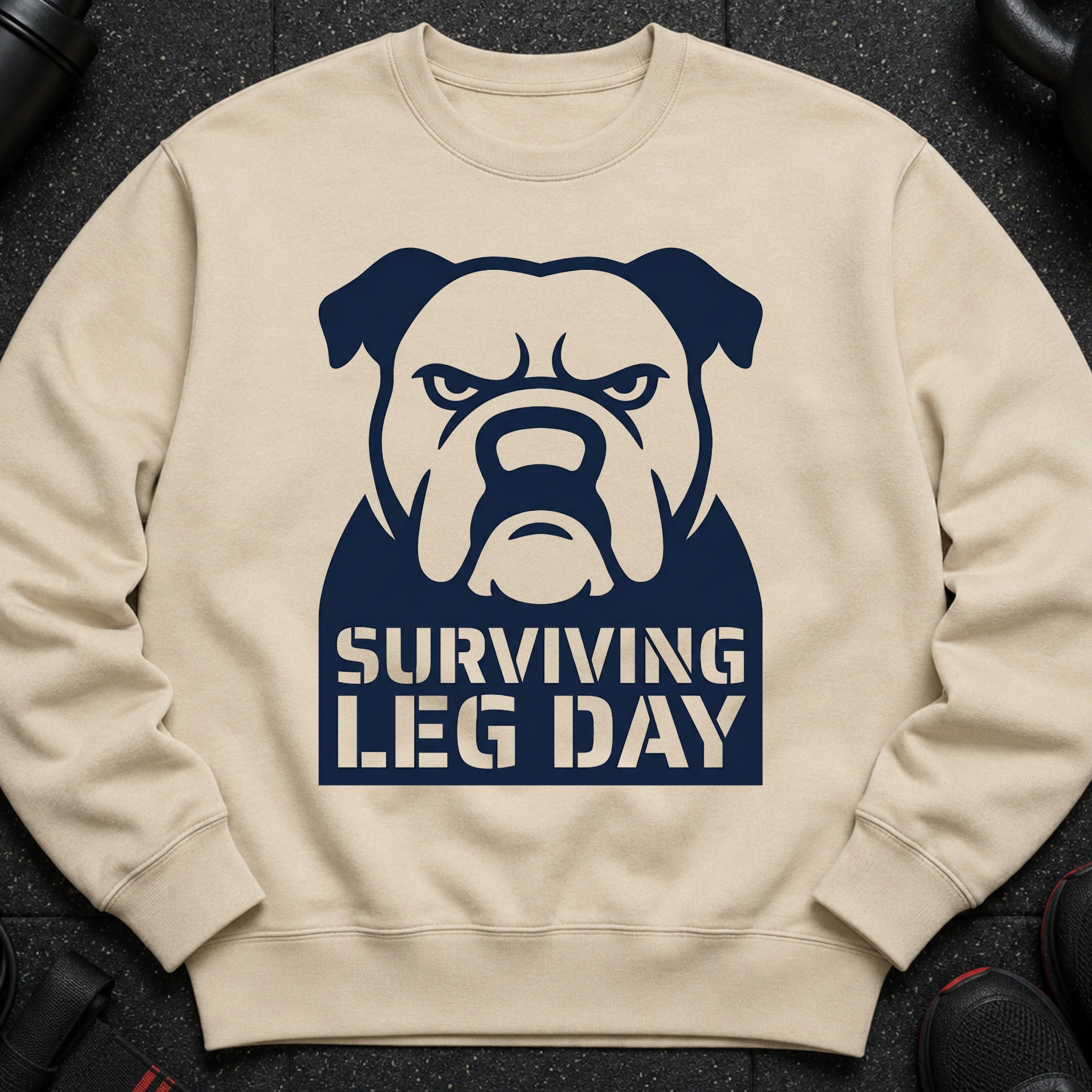 Tan sweatshirt with a navy blue bulldog graphic and "SURVIVING LEG DAY" text.
