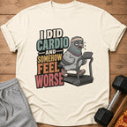 T-shirt with cartoon pigeon on treadmill, text "I DID CARDIO AND SOMEHOW FEEL WORSE."