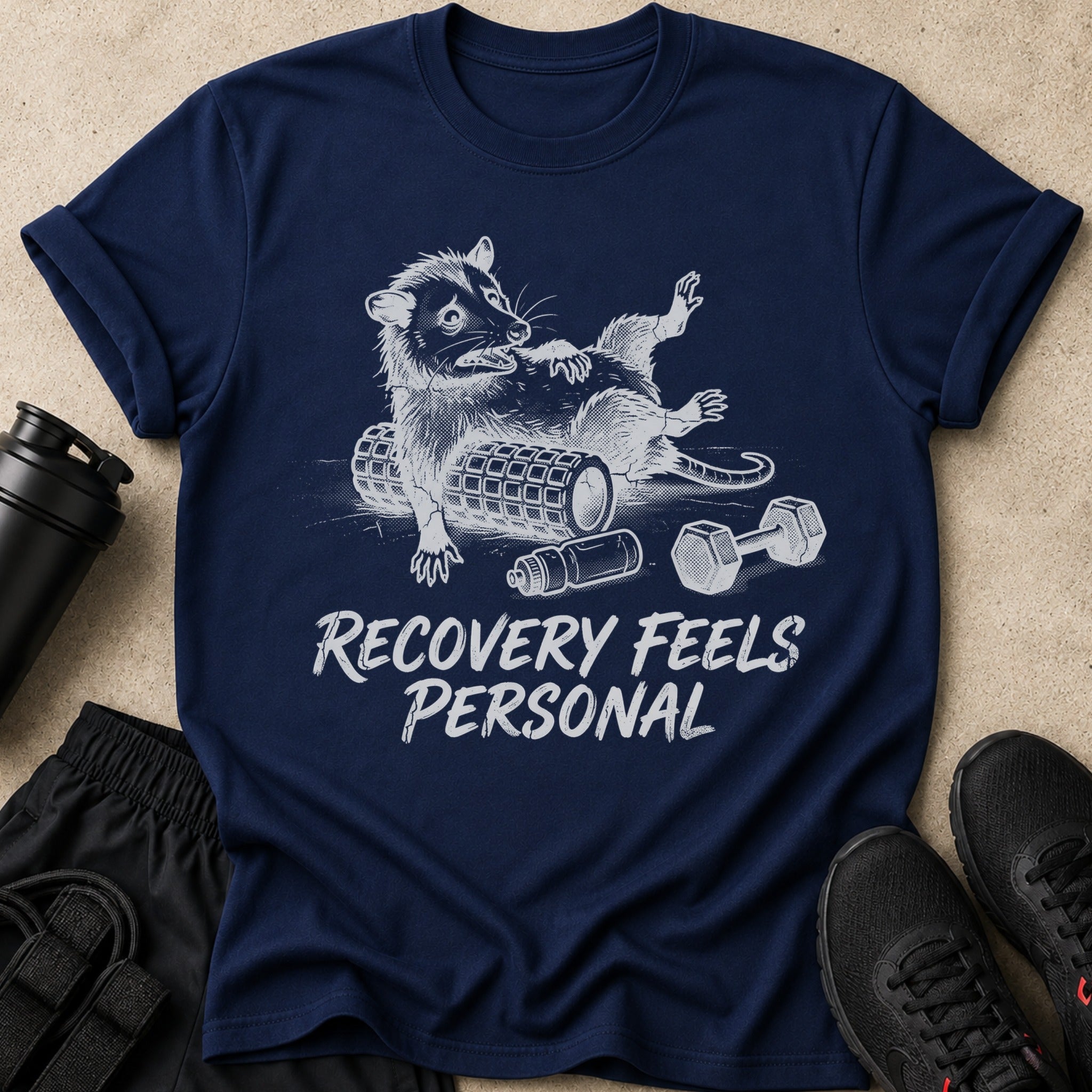 Navy t-shirt with opossum graphics and "Recovery Feels Personal" text.