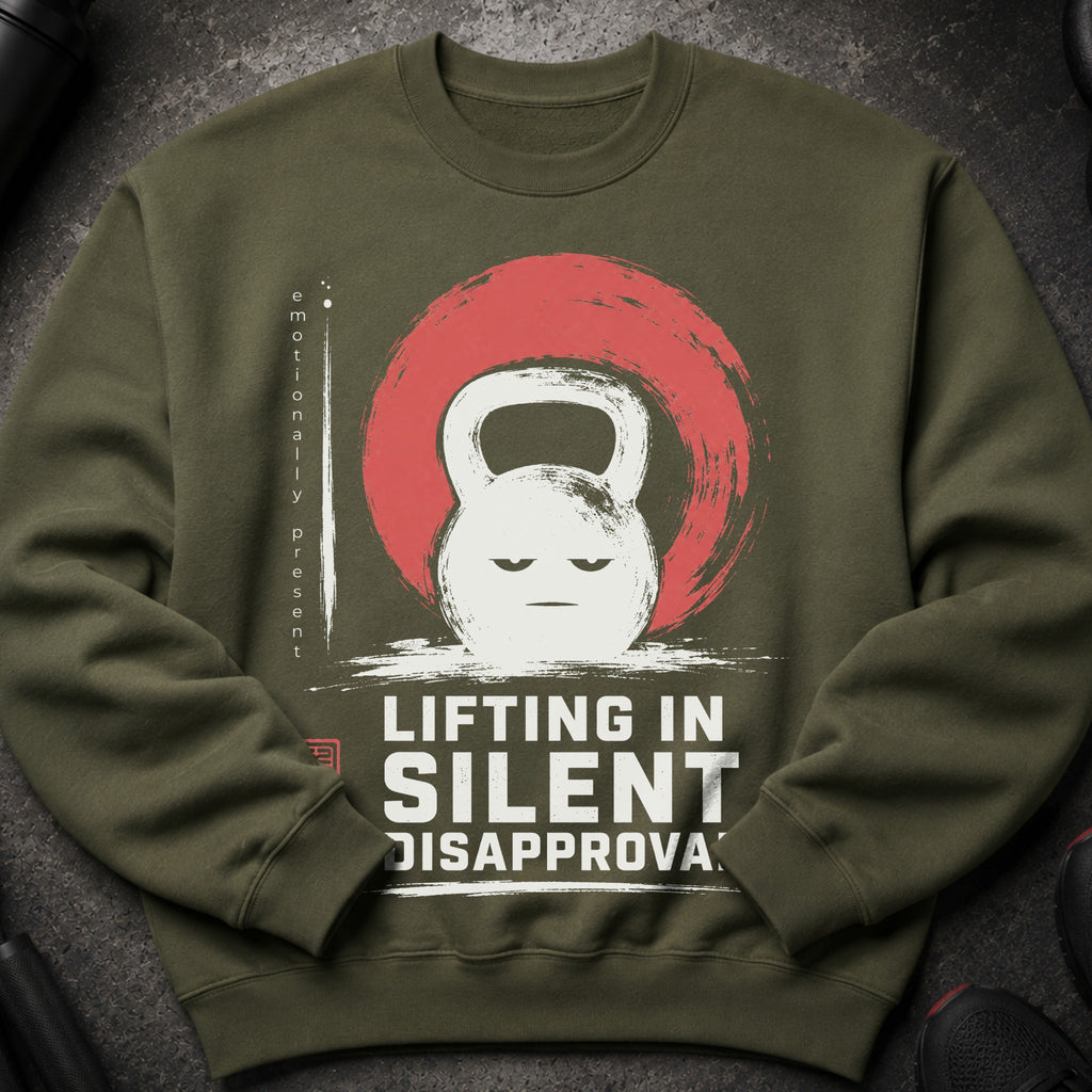 Green sweatshirt with a distressed kettlebell graphic and the text "Lifting in Silent Disapproval".