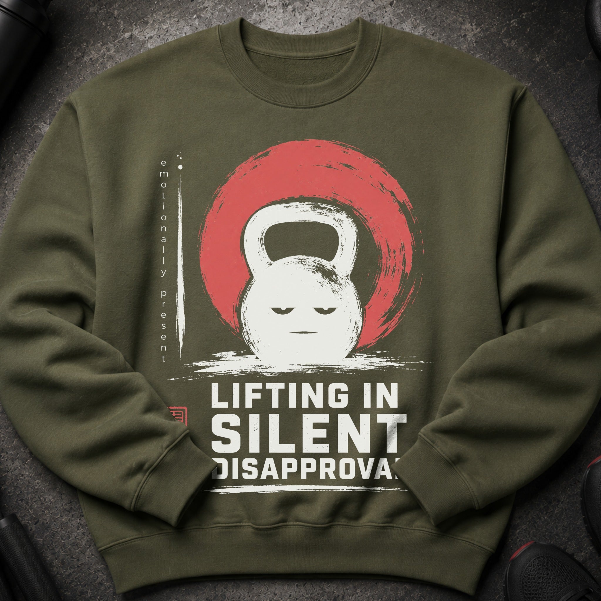 Green sweatshirt with a distressed kettlebell graphic and the text "Lifting in Silent Disapproval".
