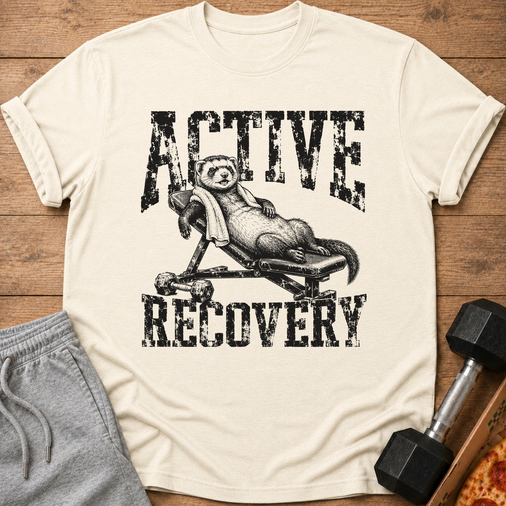 T-shirt with ferret on weight bench, text reads "ACTIVE RECOVERY".